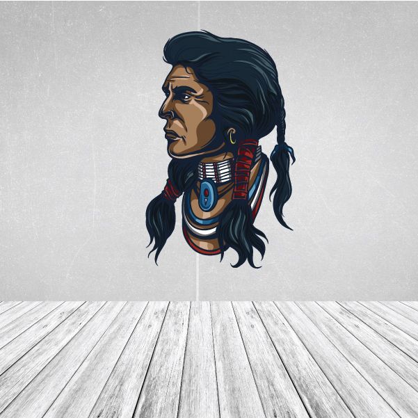 Native American woman sticker with side-profile portrait, long dark hair, beaded headdress