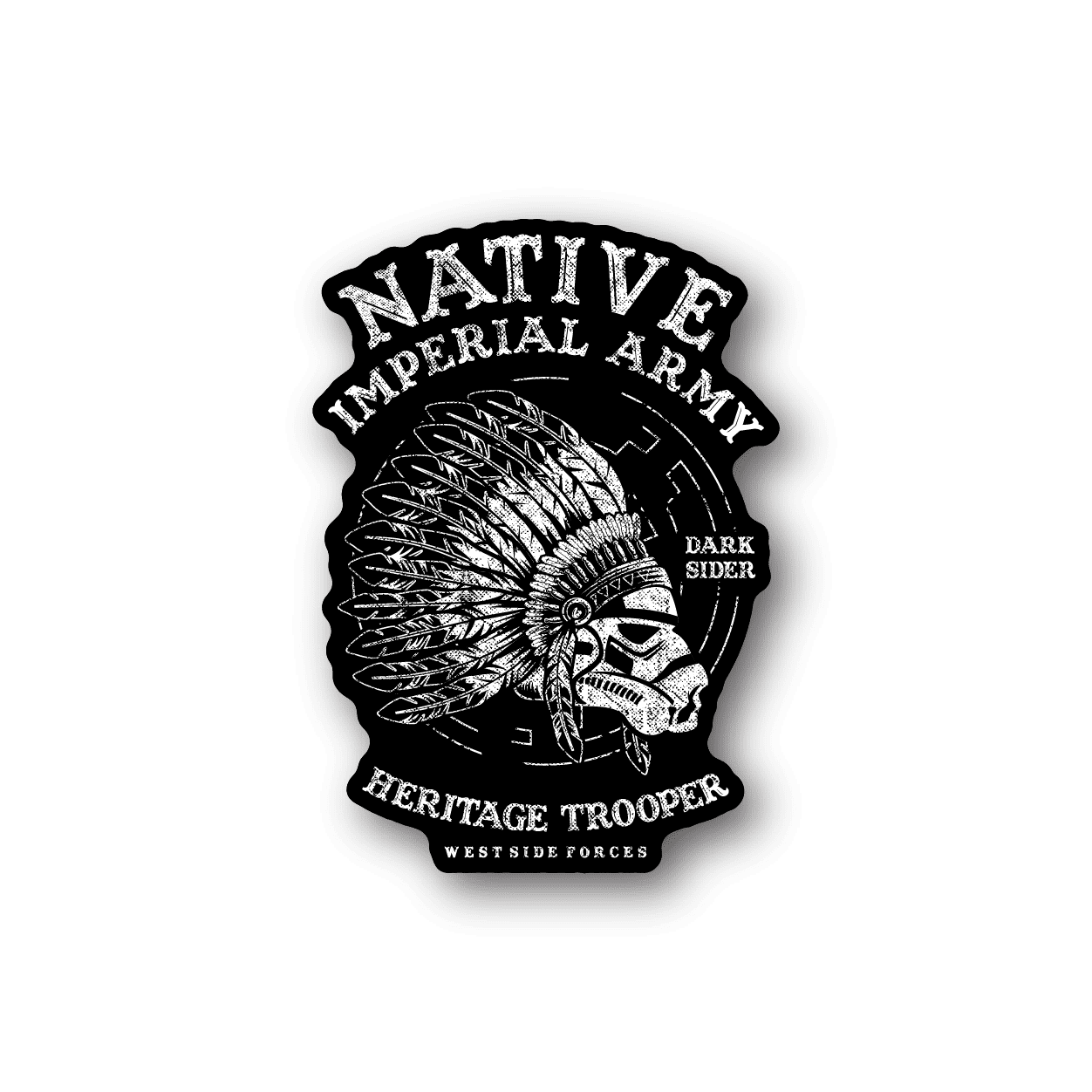 Vinyl sticker with Native Imperial Army Heritage Trooper emblem in white on dark backing