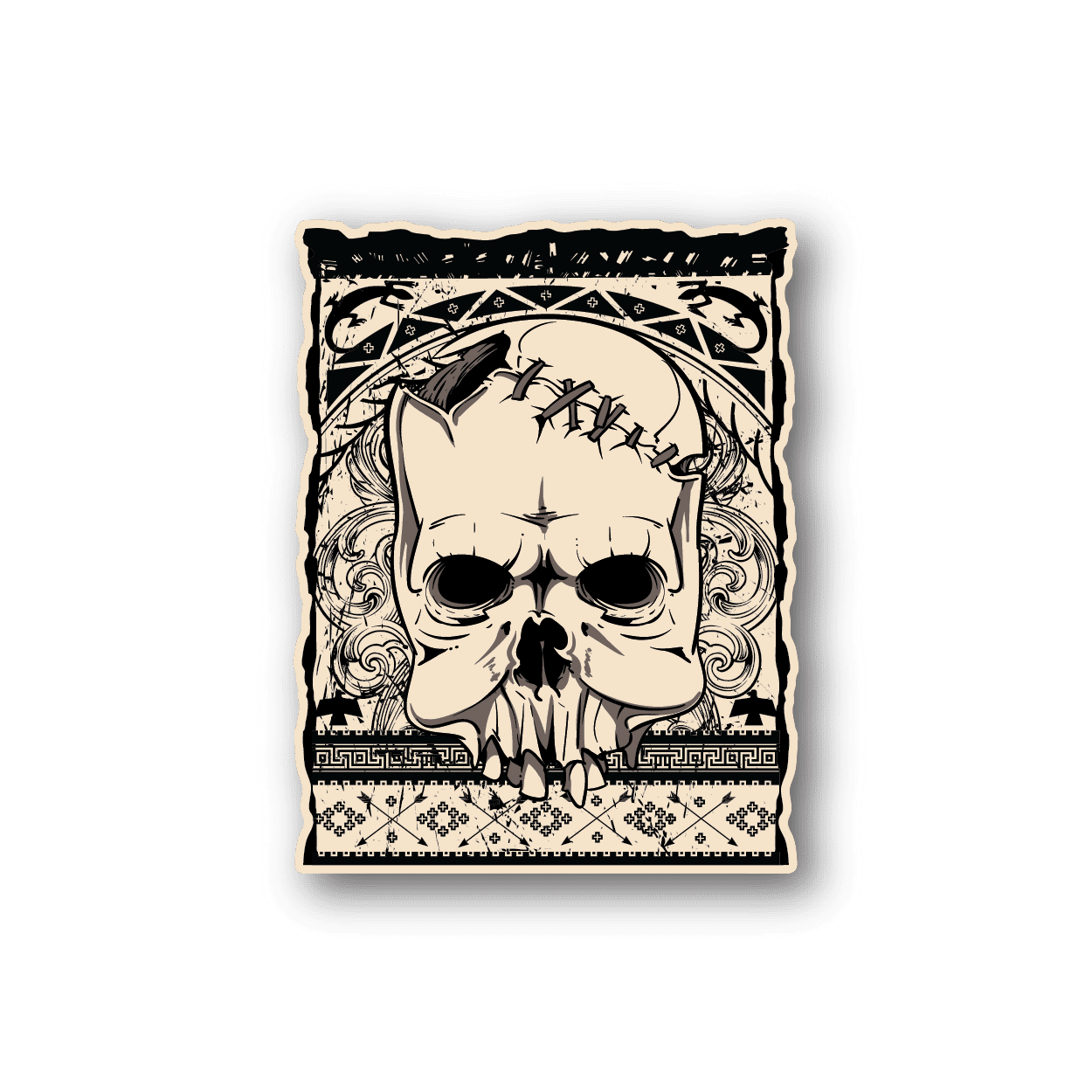 Native-style skull vinyl sticker with ornate border, light beige skull and dark lines
