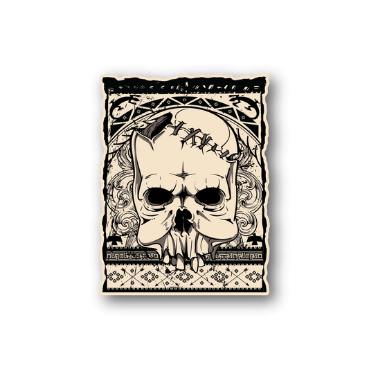 Native-style skull vinyl sticker with ornate border, light beige skull and dark lines