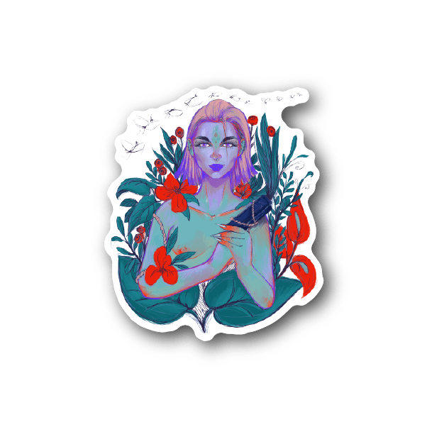 Vinyl sticker of illustrated woman with blue-purple hair and red flowers