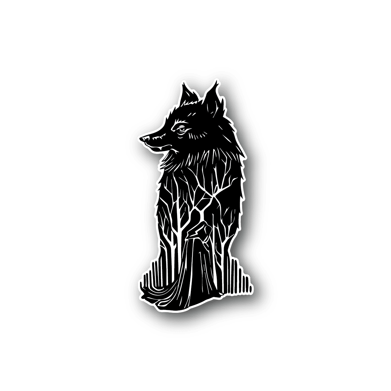Wolf vinyl sticker with white line-art and tree silhouette background