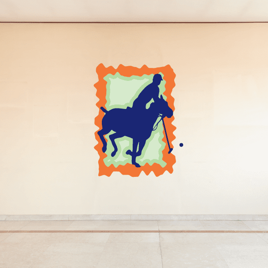 Navy blue polo sticker with a horse logo