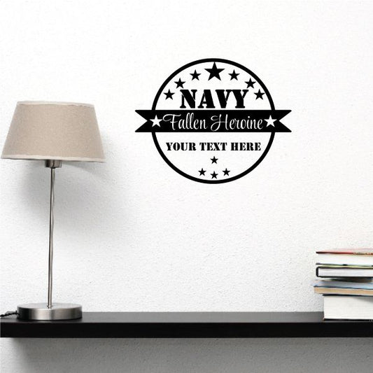 Navy memorial decal, circular black star badge with NAVY and Fallen Heroine text