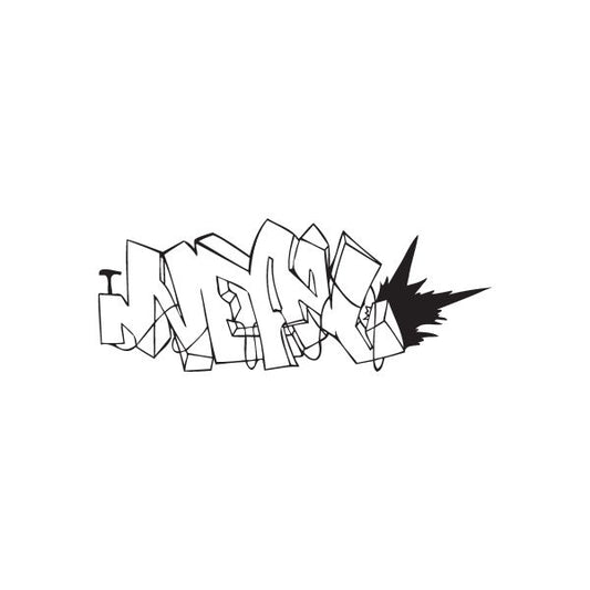 Graffiti decal sticker with stylized black lettering, jagged outline and spray burst