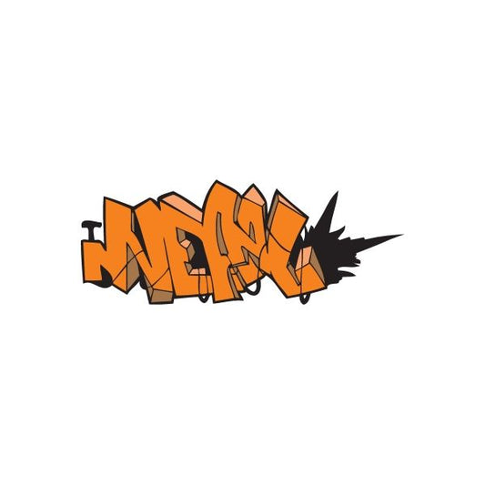 Graffiti sticker with orange tag letters and black outlines, jagged style