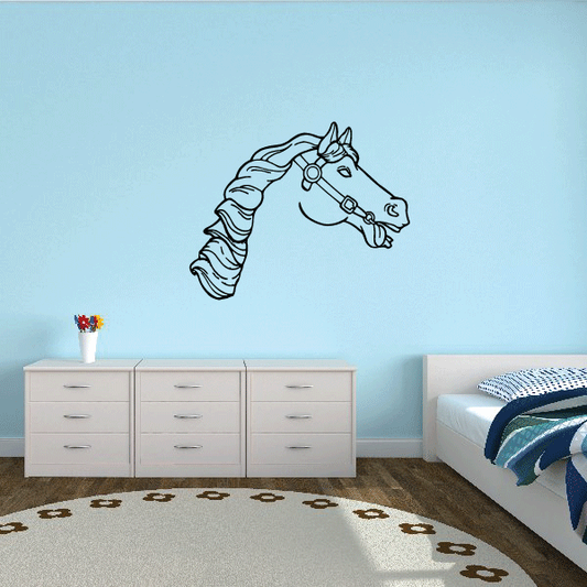 Horse head decal with ornate mane and halter, outlined in black