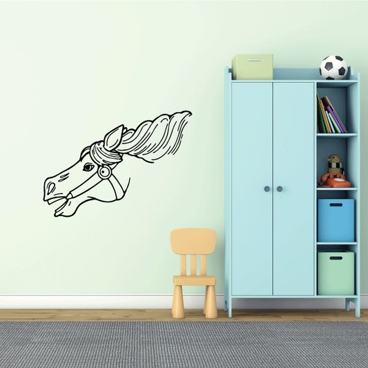 Horse head wall decal in black line art, facing left, with flowing mane