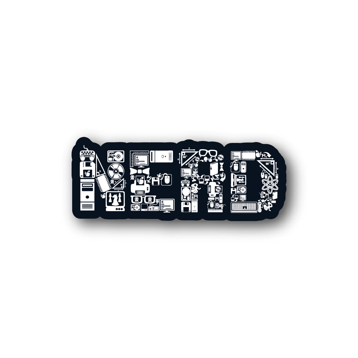 Nerd-themed vinyl collage sticker with navy background and white tech icons