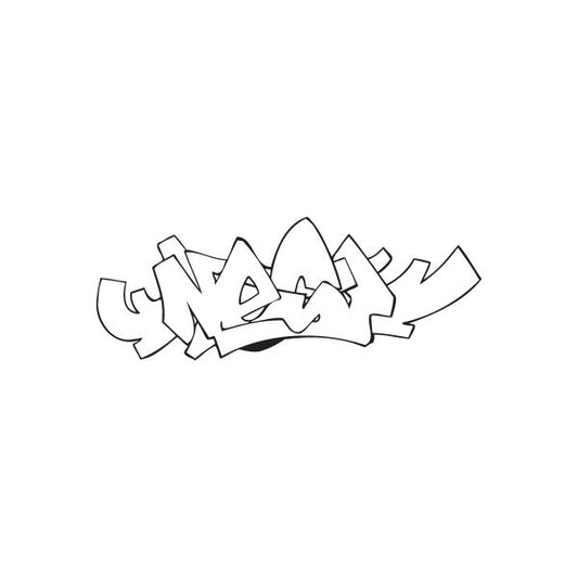 Graffiti-style wall decal with black and white abstract lettering