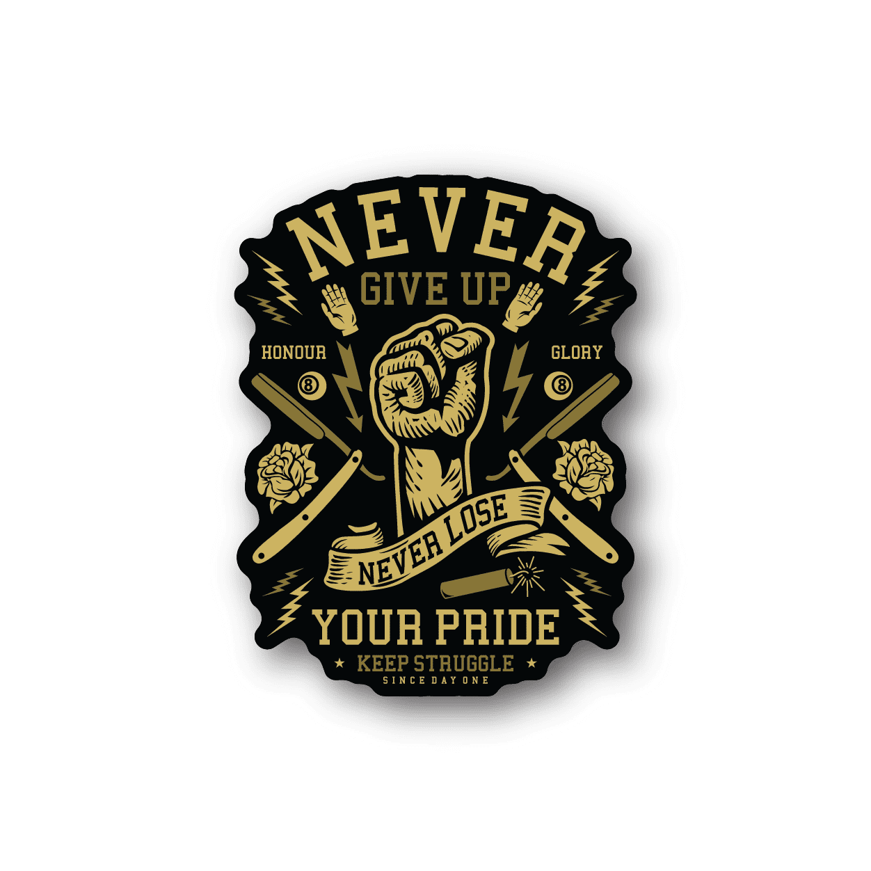 Vinyl sticker with black and gold crest, raised fist and pride slogan