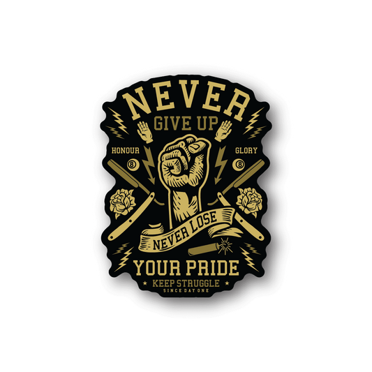 Vinyl sticker with black and gold crest, raised fist and pride slogan