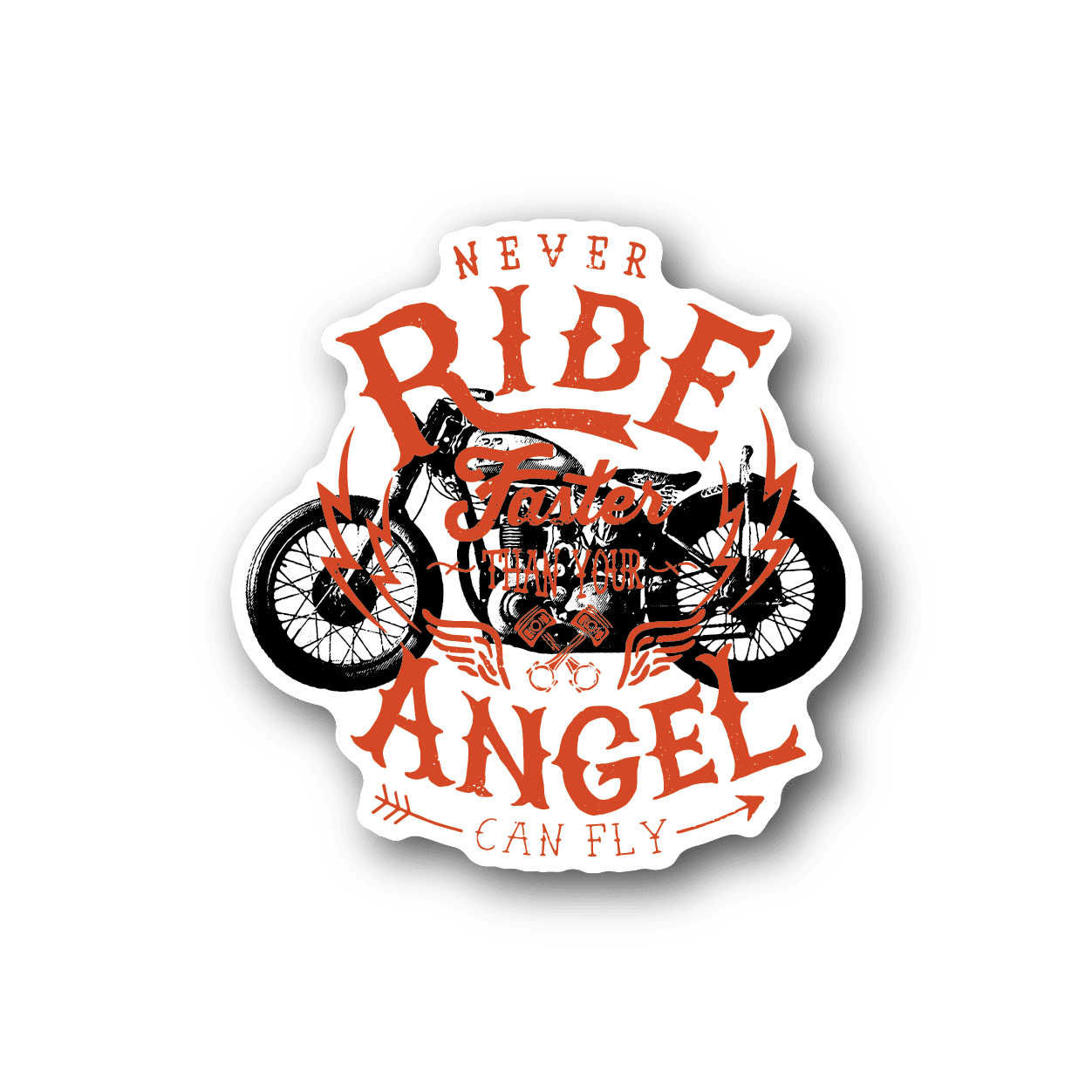 Motorcycle vinyl sticker, angel graphic with red and black text