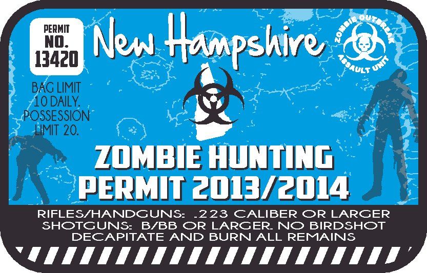 Blue zombie hunting permit sticker: New Hampshire, No. 13420