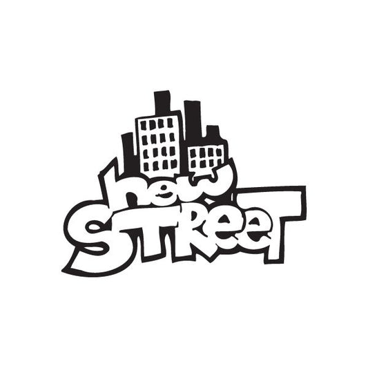 Graffiti street decal in black and white with stylized word and city skyline