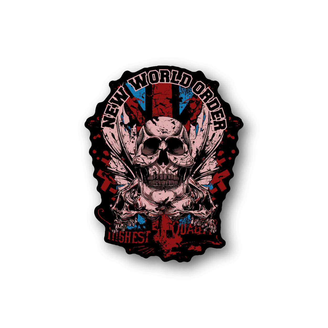 Vinyl sticker with skull graphic, arched text, and red black splash background