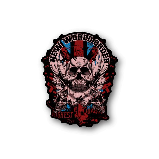 Vinyl sticker with skull graphic, arched text, and red black splash background