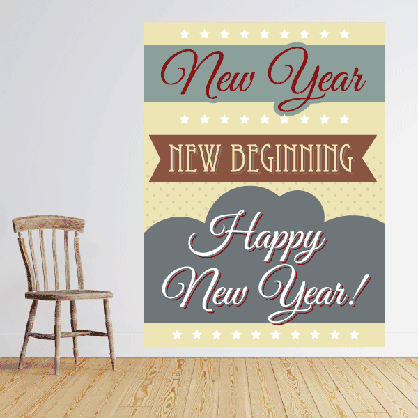 New Year New Beginning sticker with “Happy New Year!” and decorative stars banner