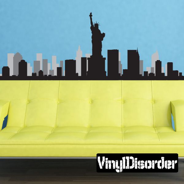 New York skyline wall decal with Statue of Liberty silhouette, dark print