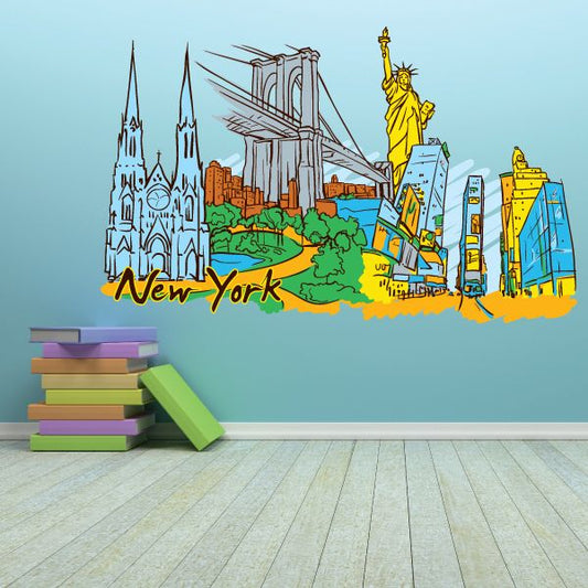 New York skyline sticker with Statue of Liberty and city buildings, yellow and blue