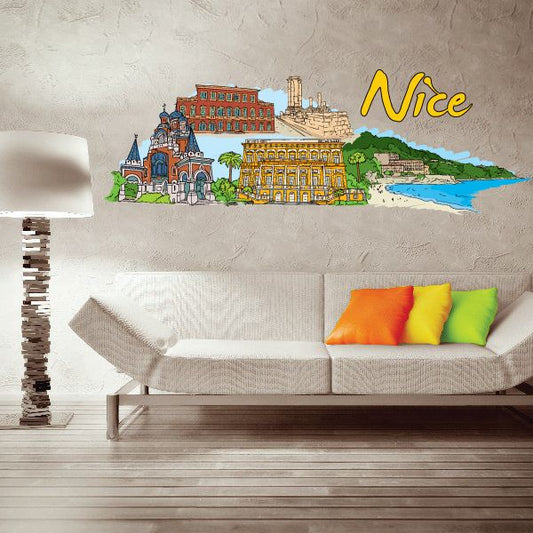 Colorful Nice city skyline wall sticker with yellow “Nice” lettering and blue water