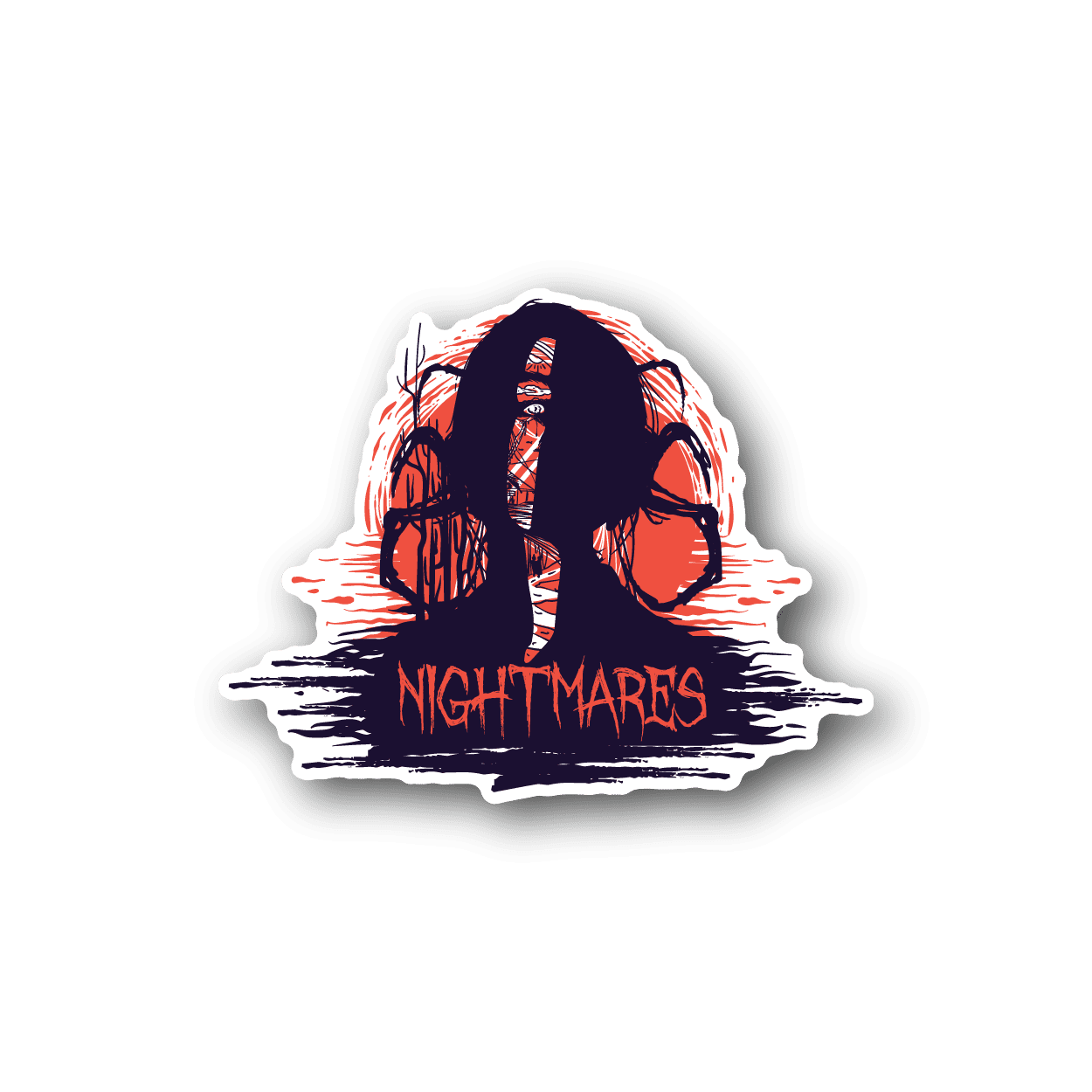 Nightmares vinyl sticker with orange-red character and purple text