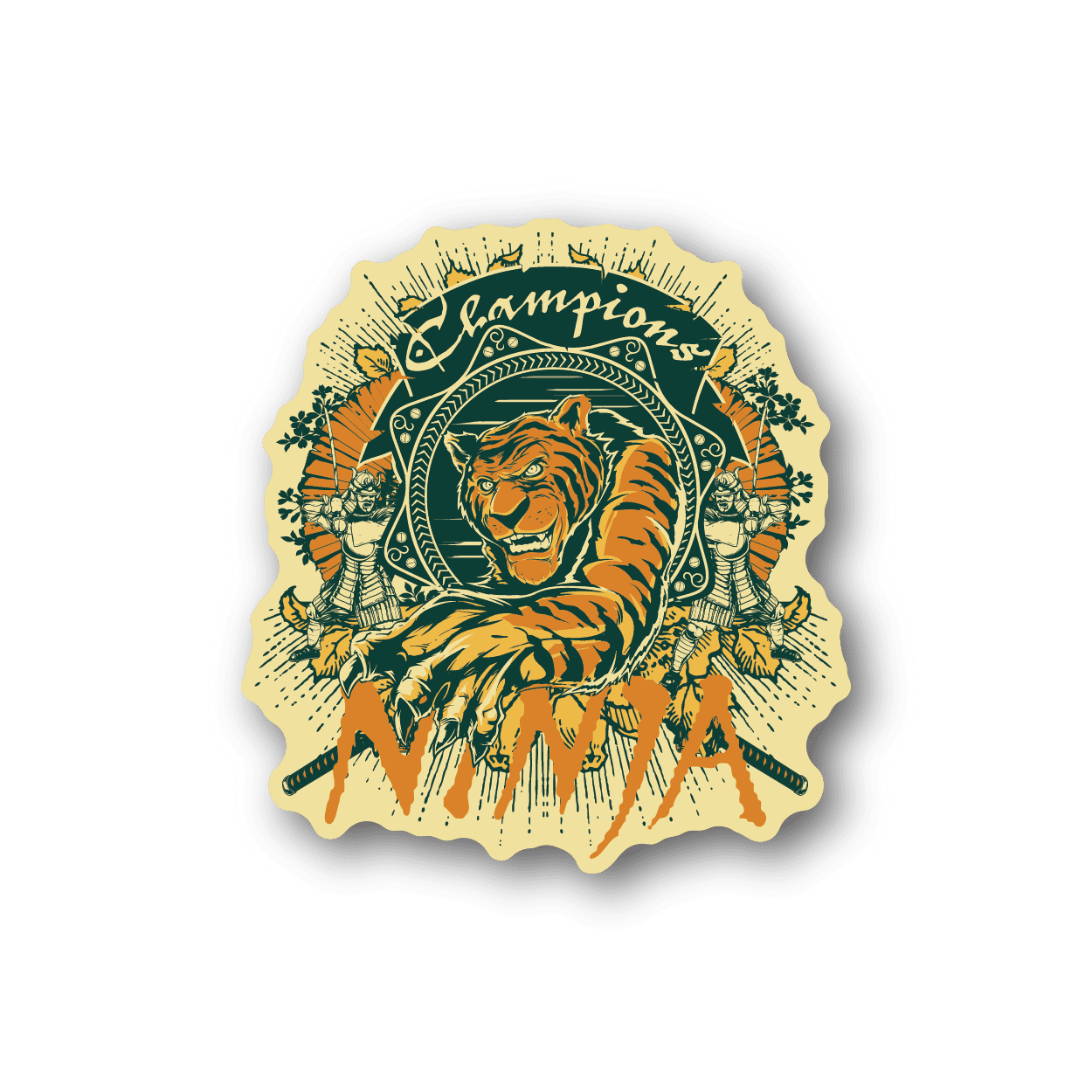 Vinyl sticker with illustrated ninja tiger head and ornate banner graphic