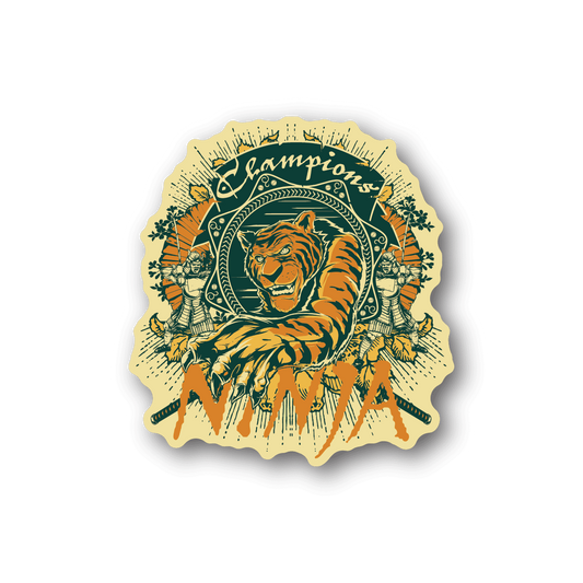 Vinyl sticker with illustrated ninja tiger head and ornate banner graphic