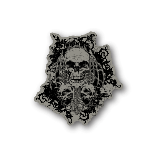 Skull vinyl sticker with ornate graphic, black and light gray