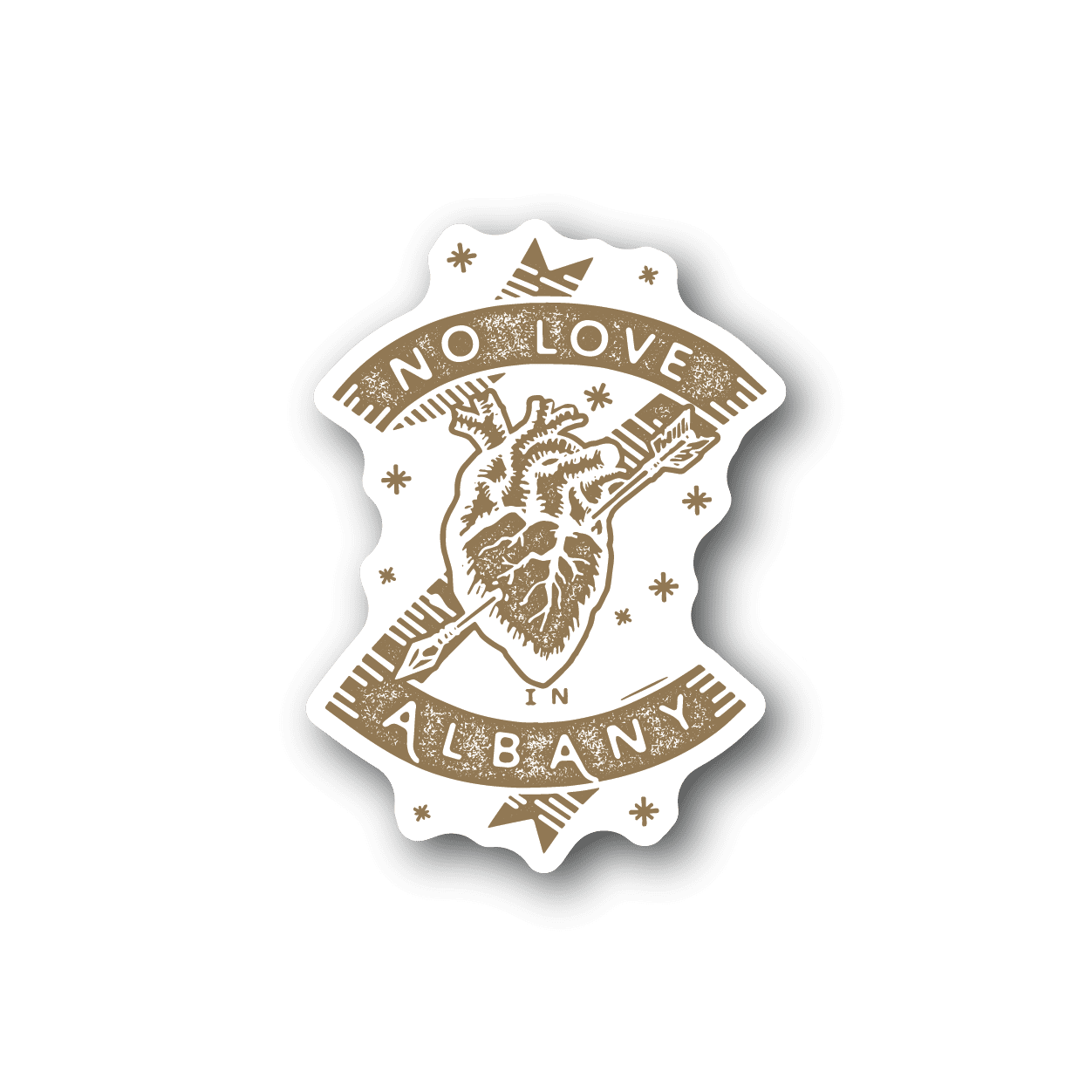 Vinyl sticker with 'No Love in Albany' text and bear illustration in beige and gold