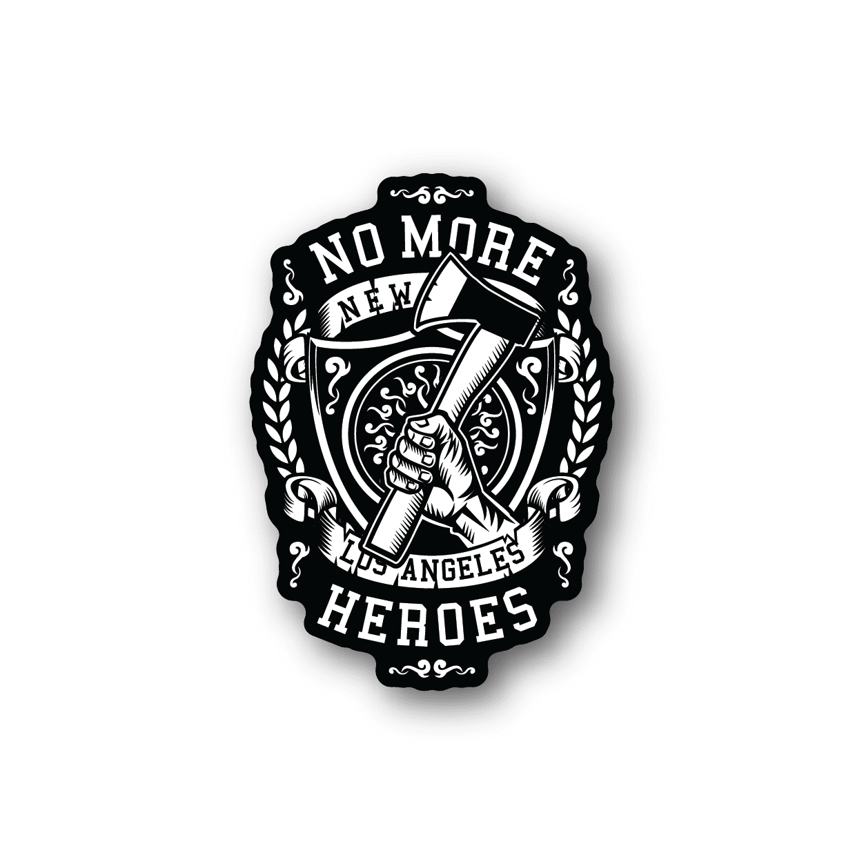 Vinyl sticker, black badge-style design with white text and a hand holding banner