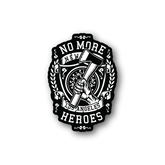 Vinyl sticker, black badge-style design with white text and a hand holding banner