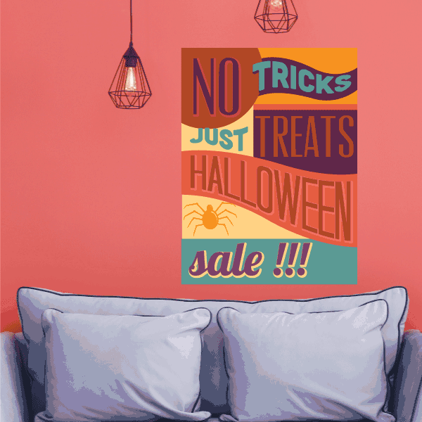 Halloween typographic sticker with 'No Tricks Just Treats' text and 'Sale!!!'