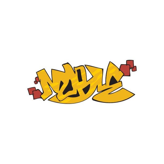 Graffiti sticker with bold yellow lettering and small red blocks