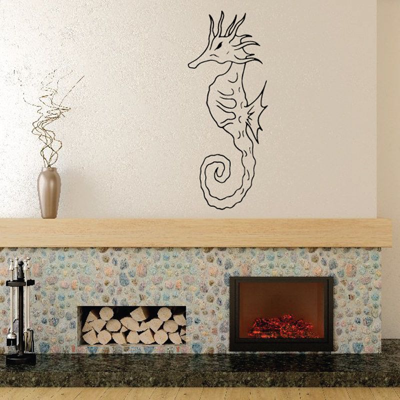 Seahorse decal with line-art design, dark outline and curled tail