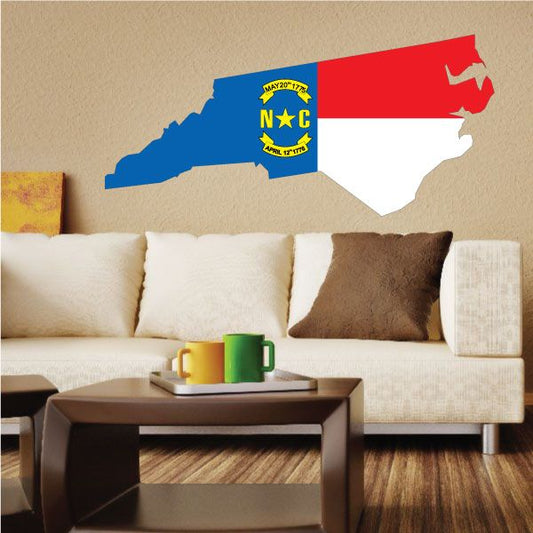 North Carolina state flag shape sticker with blue, red, and white map outline