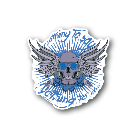 Skull vinyl sticker with blue sunglasses, wings, and circular blue text, die-cut border