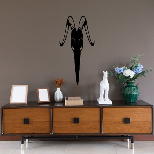 Black goat skull decal with Nubian ibex horns, minimalist wall sticker