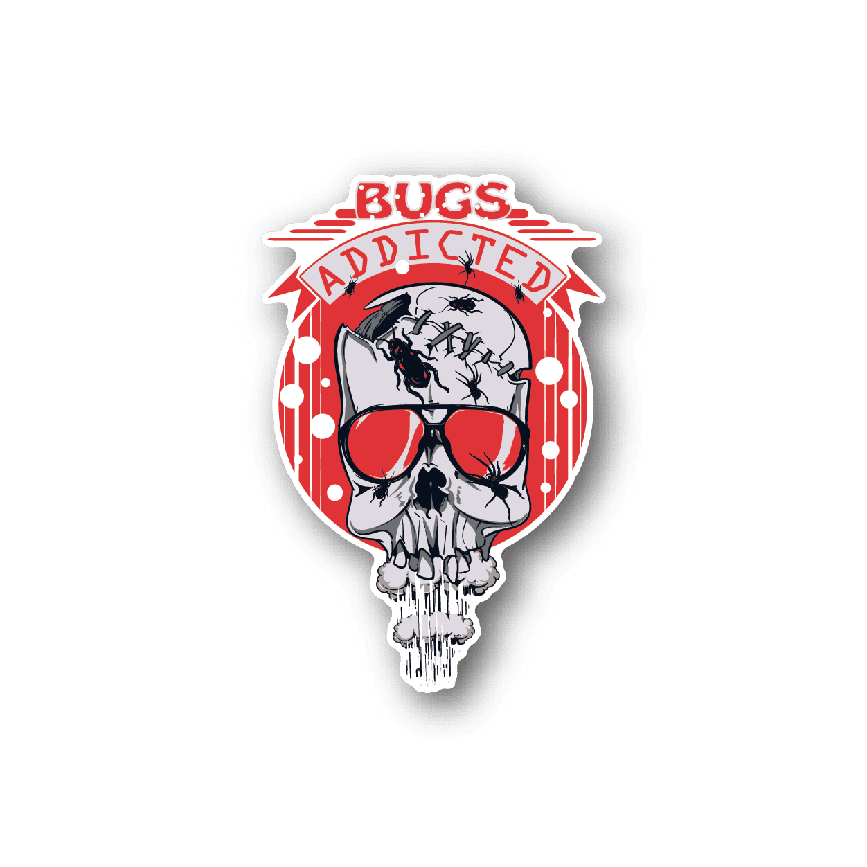 Vinyl sticker of a white skull wearing red sunglasses, red and white banner text