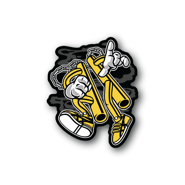 Vinyl sticker of a man holding yellow nunchucks, outlined in white and black.