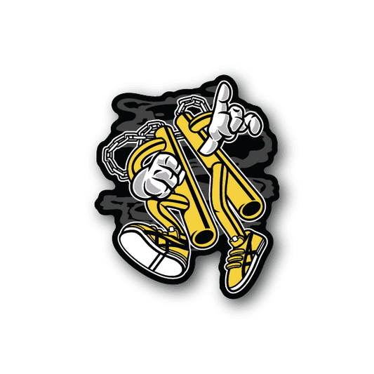 Vinyl sticker of a man holding yellow nunchucks, outlined in white and black.