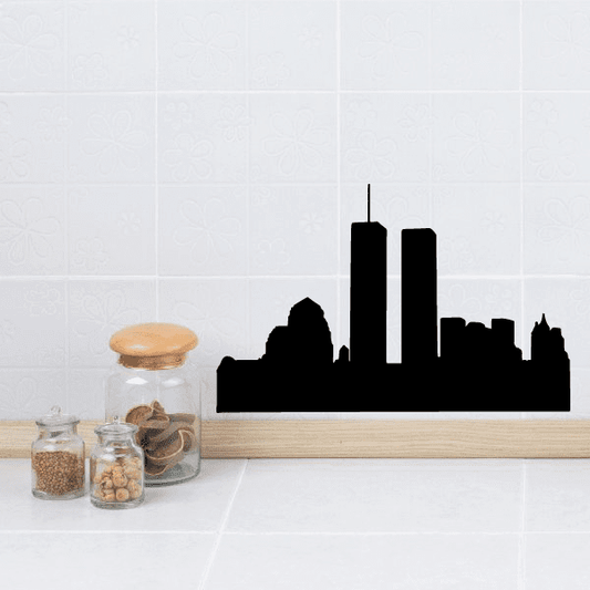 Black New York skyline wall decal with tall central building silhouette