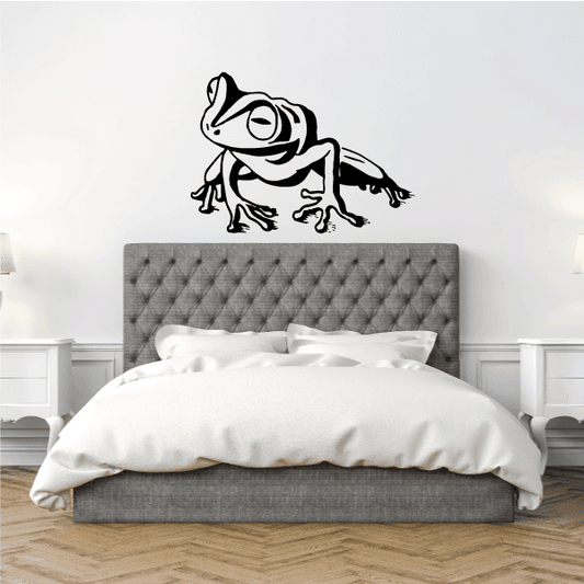 Tree frog wall decal, black line art of frog perched and looking right