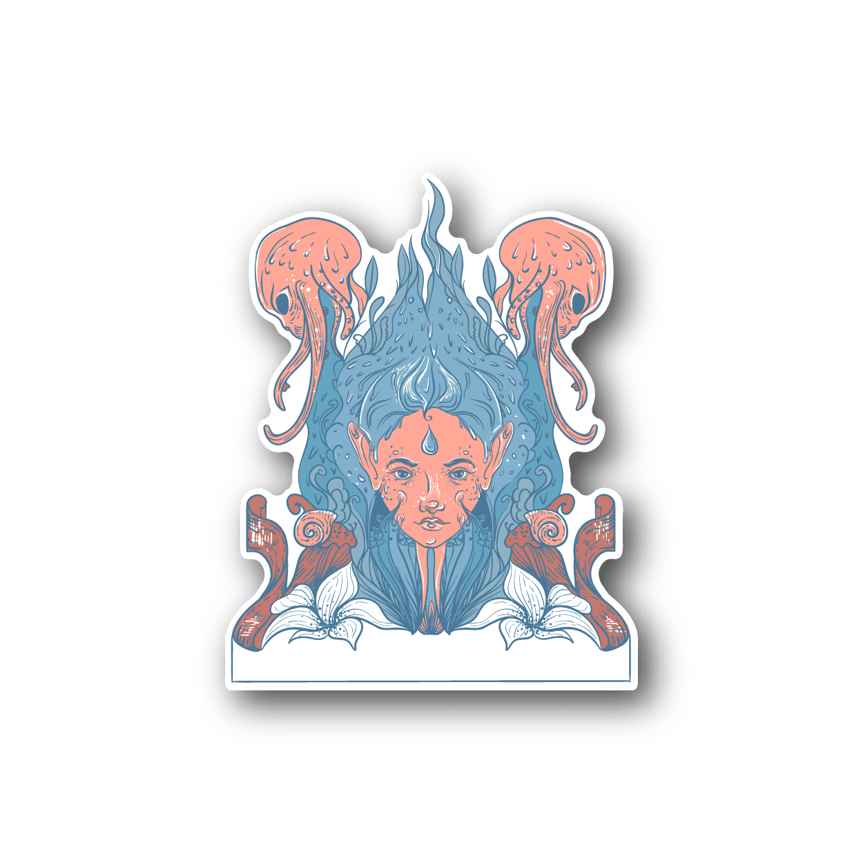 Octopus-girl vinyl sticker with blue tentacles, pink curls, and a detailed face