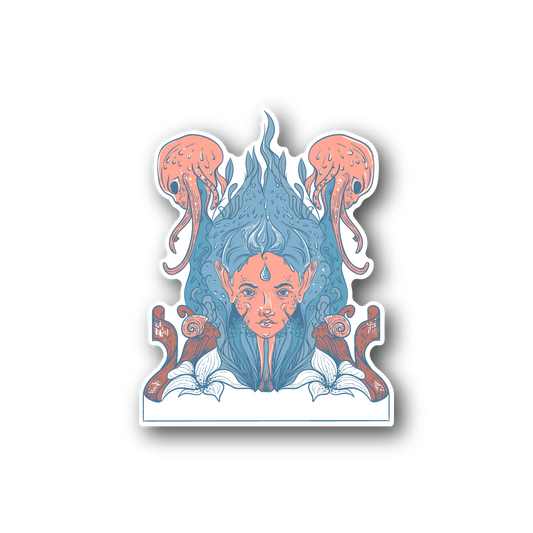 Octopus-girl vinyl sticker with blue tentacles, pink curls, and a detailed face