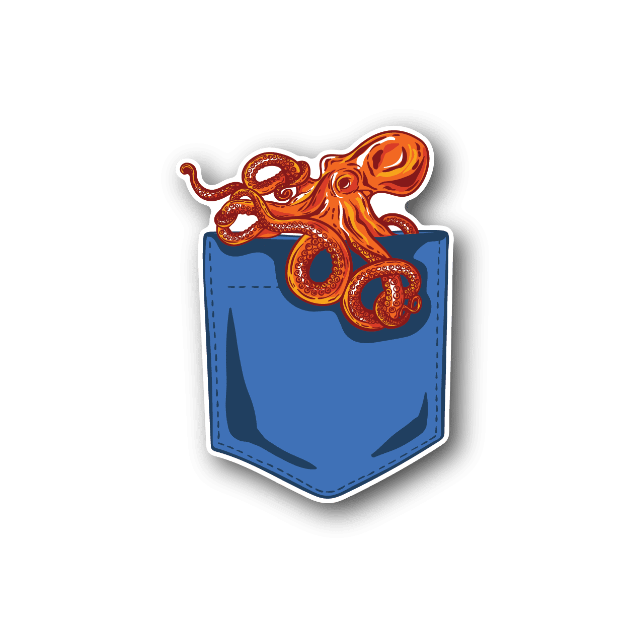 Octopus pocket vinyl sticker with orange octopus in a blue front pocket