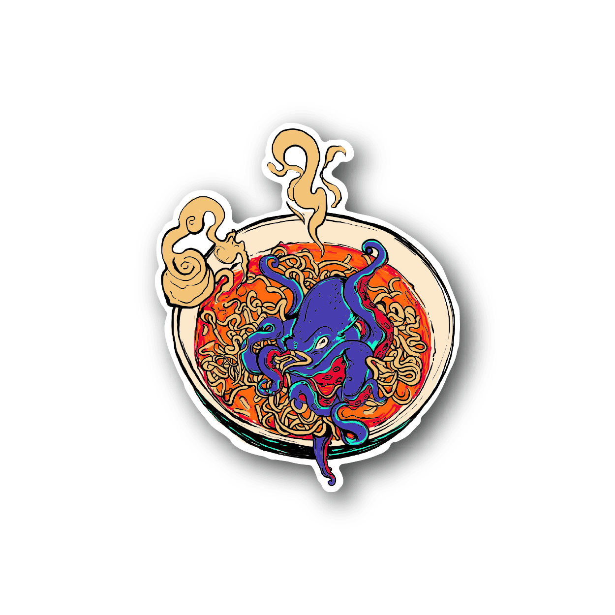 Octopus ramen vinyl sticker with colorful noodle bowl and blue octopus tentacles