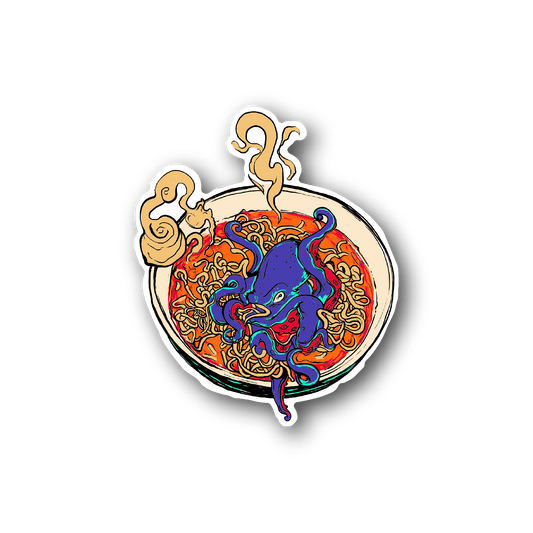 Octopus ramen vinyl sticker with colorful noodle bowl and blue octopus tentacles