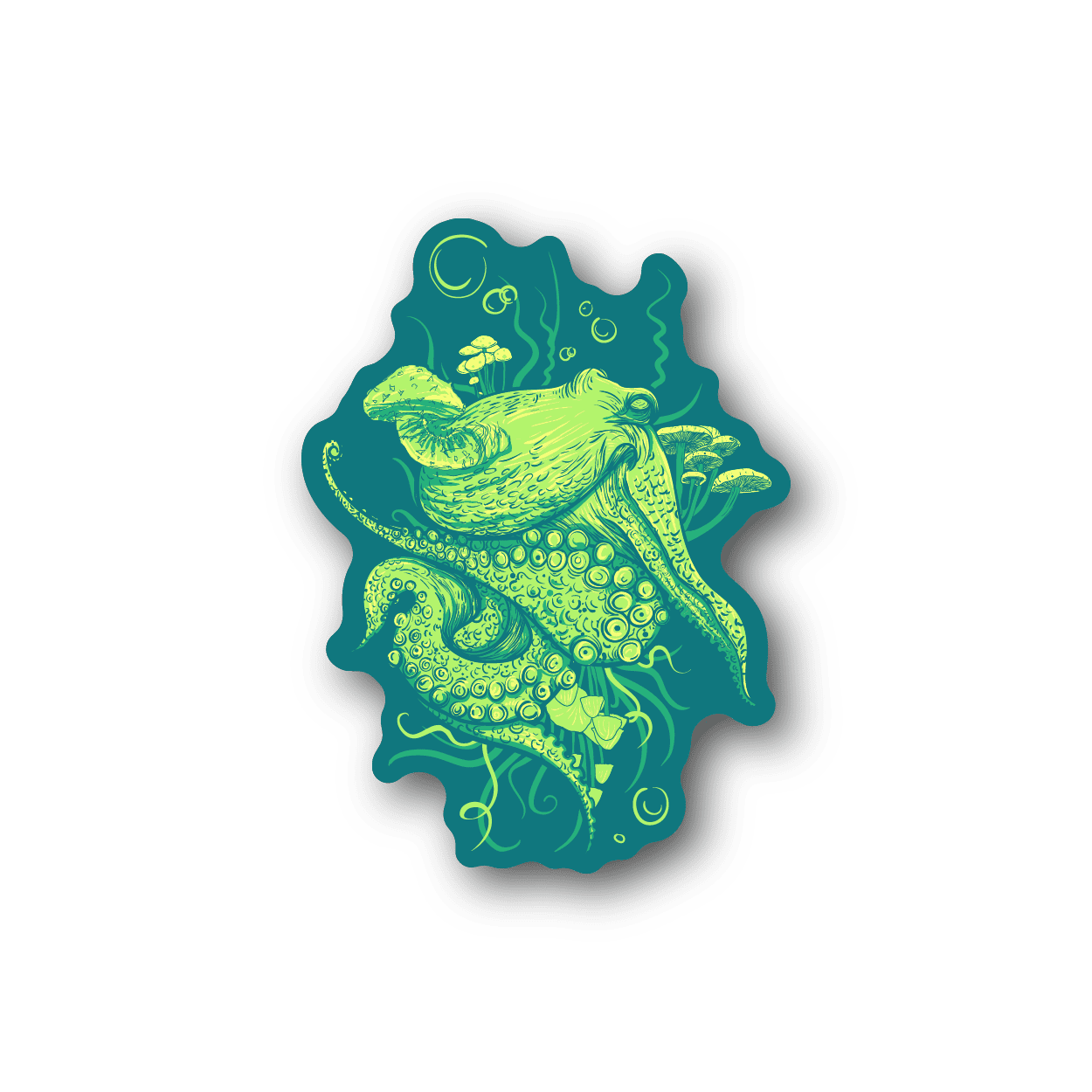 Octopus vinyl sticker with teal and neon green illustration
