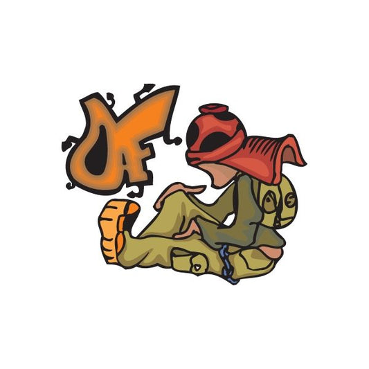 Graffiti sticker with orange flames and cartoon character in a red cap